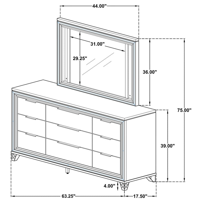 9 Drawer Dresser With LED Mirror, Touch Activated Lighting - White Furniture Max