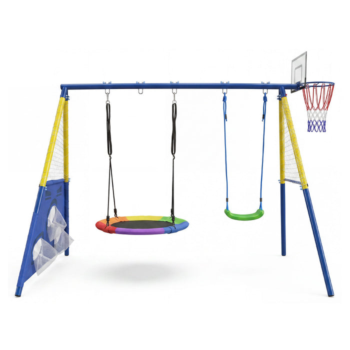 5 In 1 Kids Swing Set With Saucer Swing, Belt Swing, Basketball Hoop & Soccer Goal - Blue / Yellow Daily Nest