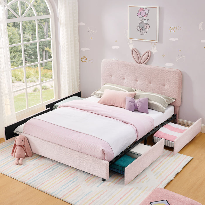 Upholstered Bed With Oversized Rabbit Ear Headboard, LED Lights & 4 Storage Drawers Home Essentials