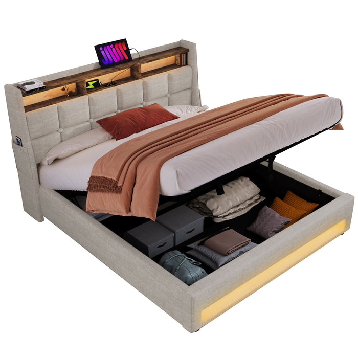 Platform Bed With Hydraulic Storage, LED Lighting & Charging Station Artistry At Home
