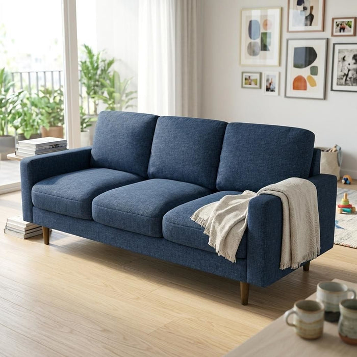 Modern Upholstered 3‑Seat Sofa Couch, Polyester Fabric Sofa With Accent Pillows, Loose Back Cushion For Living Room Apartment - Dark Blue U S Pride Furniture
