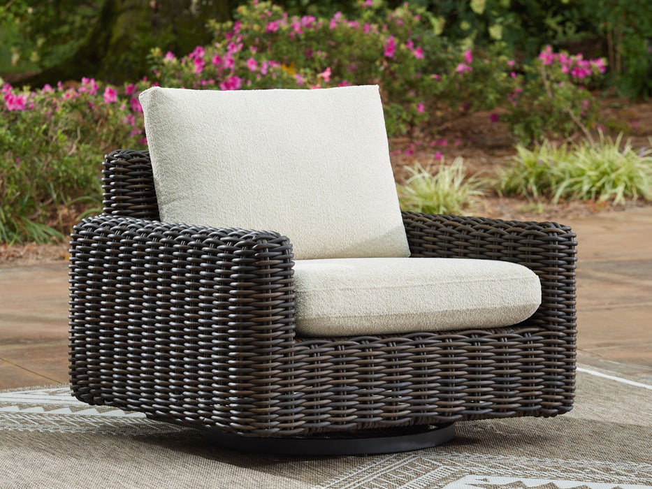 Kimora - 7 Pc. - 4-Piece Outdoor Sectional, Swivel Glider Lounge, Cocktail Table, End Table - Beige / Dark Brown Signature Design by Ashley®