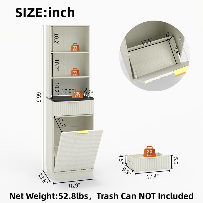 Tall Narrow Fluted Storage Cabinet With Trash Bin Compartment For Kitchen (Trash Can Not Included) Home Essentials