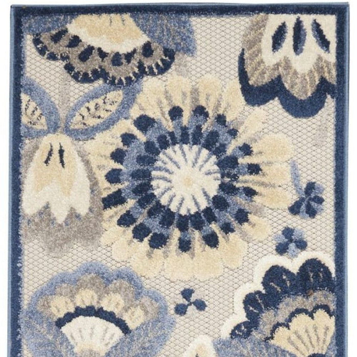 2' X 10' Floral Non Skid Indoor / Outdoor Runner Rug - Blue / Gray