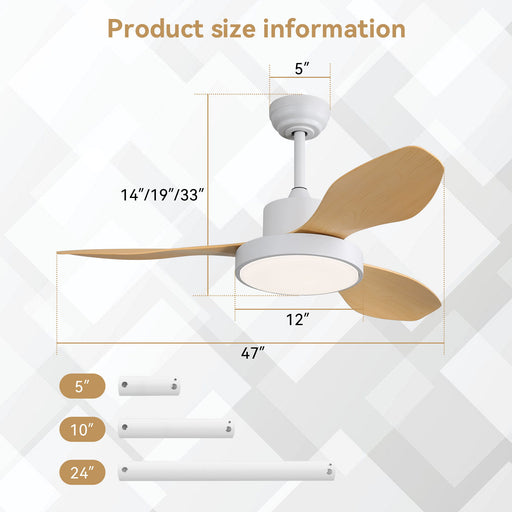 Ceiling Fan With 22W LED Light And Remote Control 6 Speeds Reversible DC Motor For Living Room - White Daily Nest