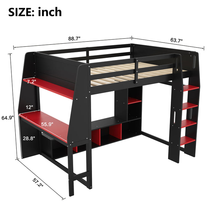 Gaming Loft Bed With Desk, Multi Storage Shelves, LED Lighting, And Hanging Clothes Rack Hearth and Haven