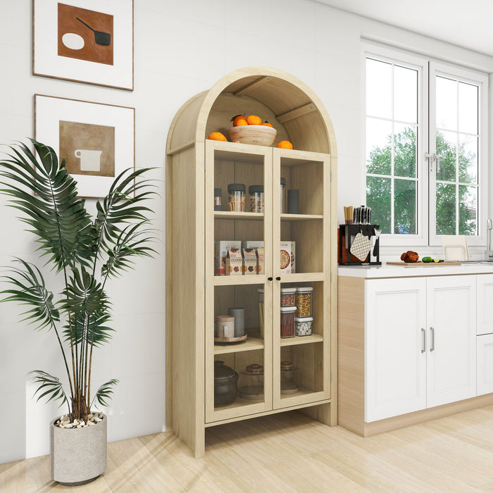 Tall Arched Kitchen Pantry, Modern Farmhouse Wood Kitchen Storage Cabinets, Arched Storage Display Cabinet With Adjustable Shelves, Versatile Cupboard For Kitchen, Dining Room - Natural