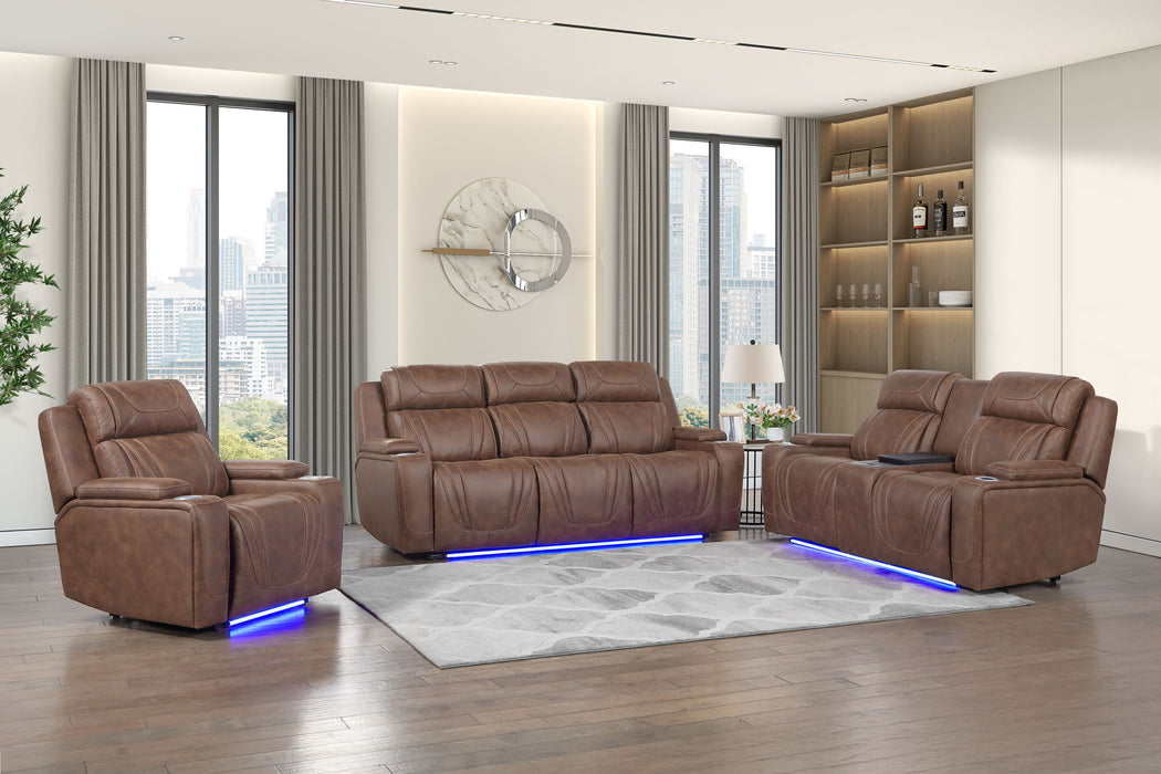 Carrow - Loveseat With Power Headrest, Footrest & Cooler, Massage, Stereo - Brown New Classic