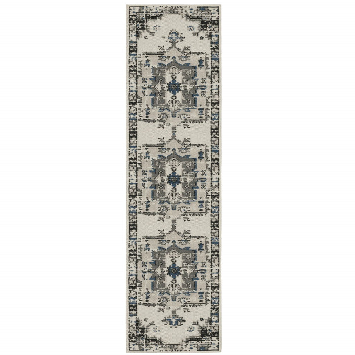 2' X 7' Oriental Stain Resistant Indoor / Outdoor Area Rug - Blue / Beige