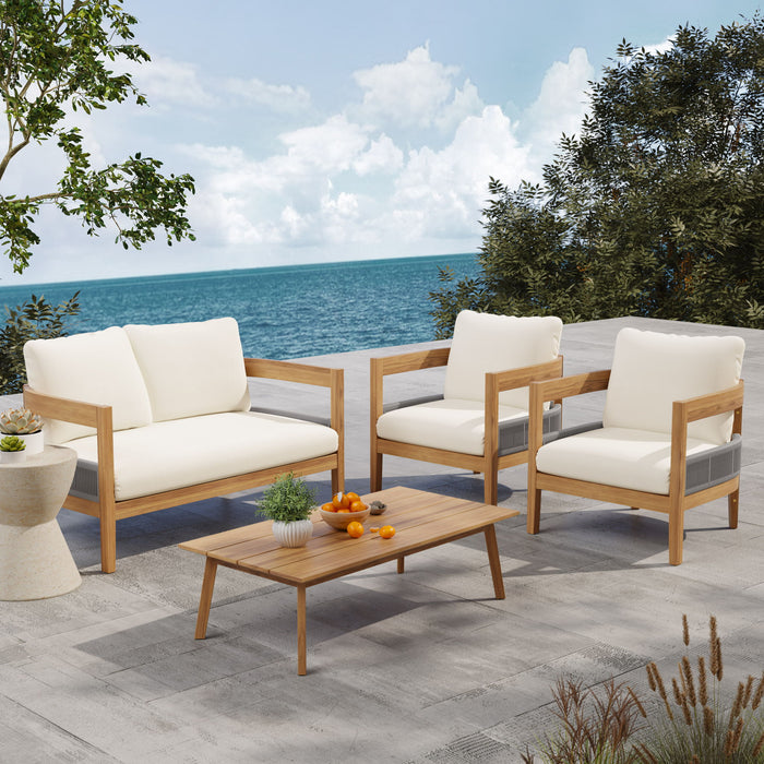 Porto - Outdoor 4 Piece Chat Set, Comfortable Seating, Acacia Wood And Rope, Compact Dimensions - Teak / Beige