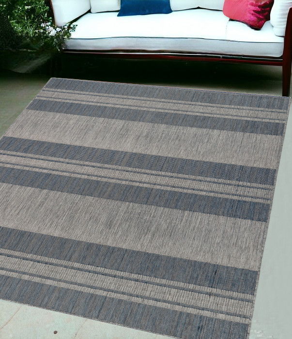 6' X 9' Striped Stain Resistant Indoor / Outdoor Area Rug - Blue / Gray