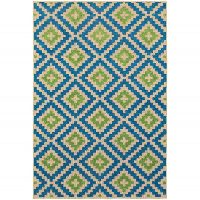 2' X 3' Geometric Stain Resistant Indoor / Outdoor Area Rug - Blue / Beige