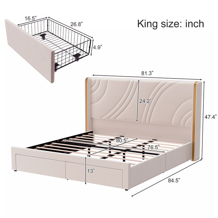Modern Upholstered LED Bed Frame With Storage Drawers, Wingback Headboard, RGB Light