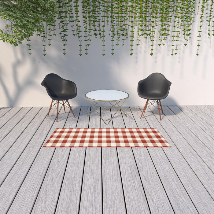 2' X 8' Geometric Stain Resistant Indoor / Outdoor Area Rug - Red / Ivory