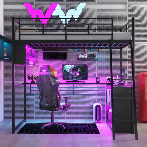 Loft Bed With LED Desk And 4 Storage Shelves Hearth and Haven