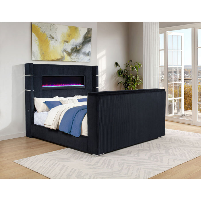 Judah - Eastern King Wingback TV Bed With Motorized Lift And Flame Visualizer - Black Furniture Max
