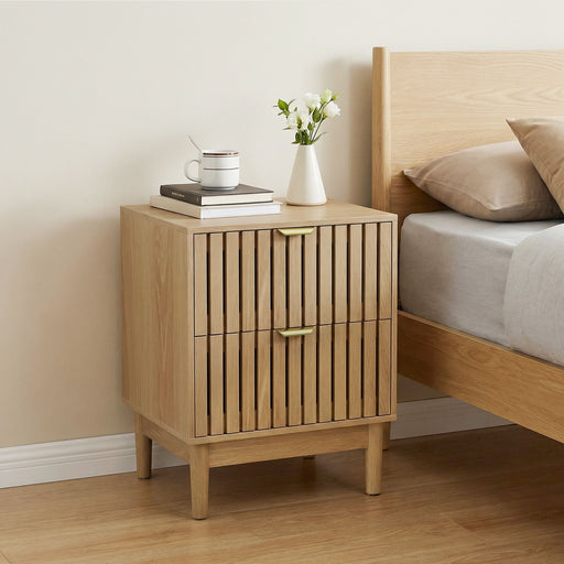 Bedside Table With Grille Design And 2 Drawers, Side Table For Bedroom - Oak Home Essentials
