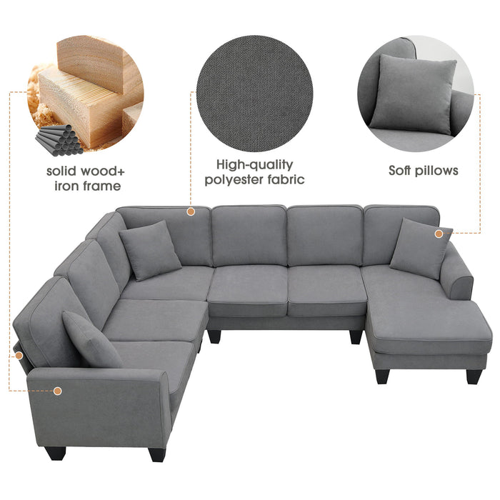 Modern U Shape Sectional Sofa, 7 Seat Fabric Sectional Sofa Set With 3 Pillows Included For Living Room, Apartment, Office