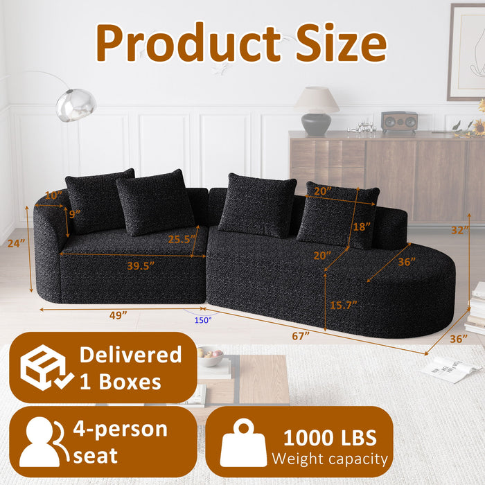 Upholstered Oversized Sectional Sofa, 4 Seater Extra Deep & Wide Curved Cloud Couch With 4 Throw Pillows For Living Room - Black Home Essentials