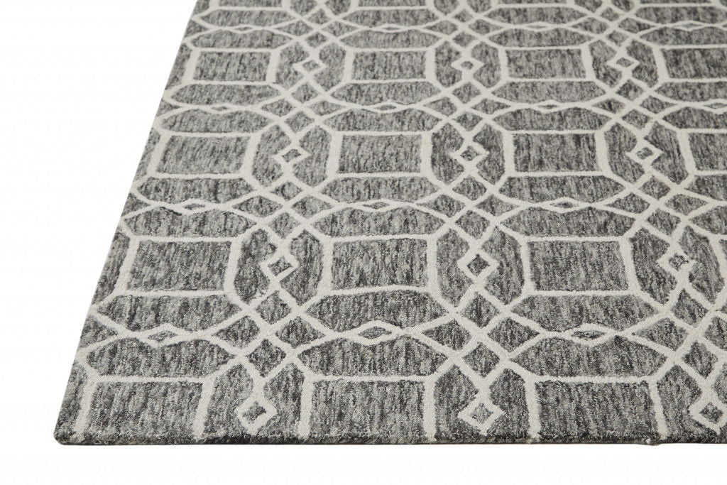 Geometric Tufted Handmade Stain Resistant Area Rug - Black Gray And Ivory Wool - 5' X 8'