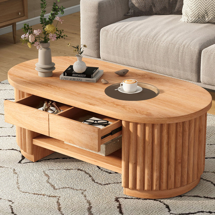 Fluted Oval Coffee Table With Drawers, 2 Tier Cocktail Table Hearth and Haven