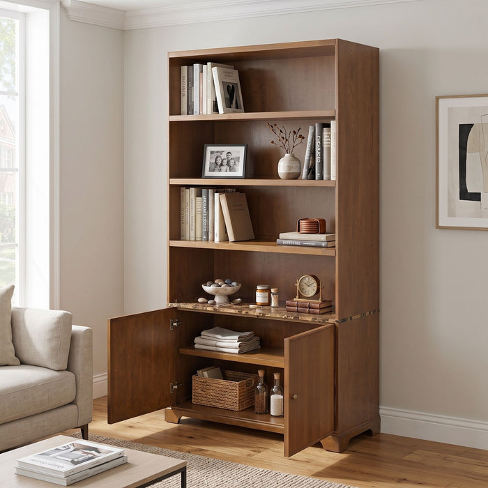 Tall Bookcase Storage Cabinet With 3 Open Shelves & Fluted Double Doors Noble House