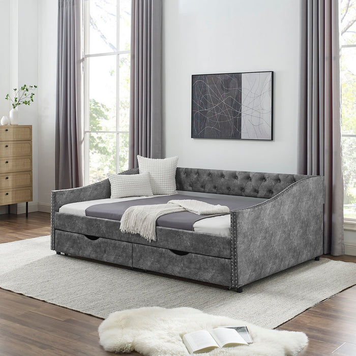 Upholstered Tufted Daybed With Drawers, Waved Arms Home Essentials