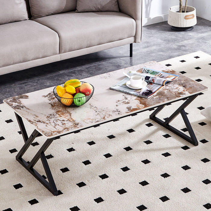 A Modern Minimalist Style Marble Patterned Coffee Table With Black Metal Legs, Computer Desk. Game Table Tea Table