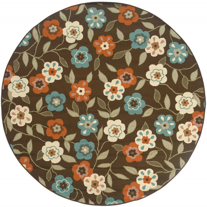 8' X 8' Round Floral Stain Resistant Outdoor / Indoor Area Rug - Brown / Ivory