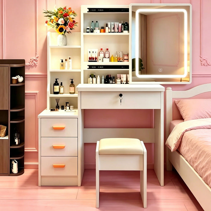 Vanity Set With LED Mirror, Storage Dressing Table & Cushioned Stool - Cream White Home Essentials