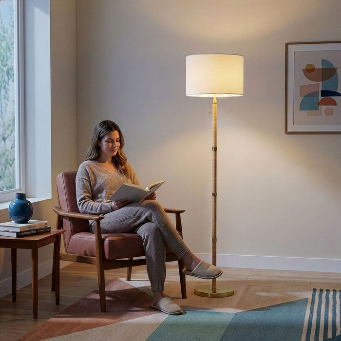 Stellar - Linen Shade Floor Lamp - Gold / Natural Wood / Rattan / White Ashcroft Furniture