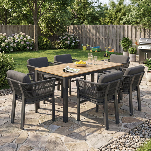 7 Piece Outdoor Dining Set With Table And 6 Chairs - Black / Teak / Gray Noble House