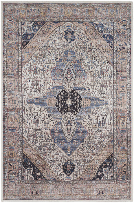Oriental Power Loom Distressed Washable Non Skid Area Rug - Ivory And Blue - 4' X 6'