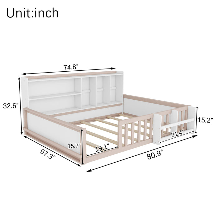 Platform Bed Frame With Guardrail, Storage Shelves & Bookshelf Home Essentials