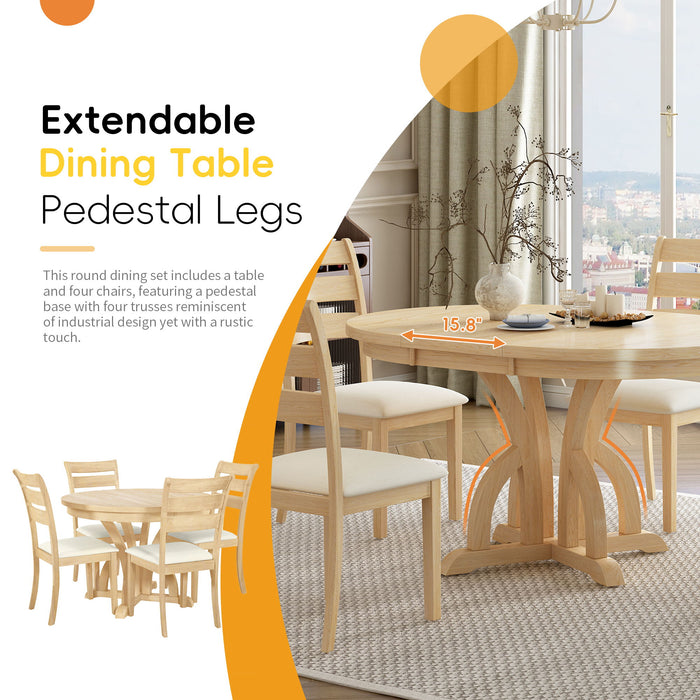 Topmax - 5 Piece Farmhouse Round Pedestal Extending Dining Table Set Extendable Kitchen Table Set With Removable Leaf And Ladder Back Dining Chairs For Small Places