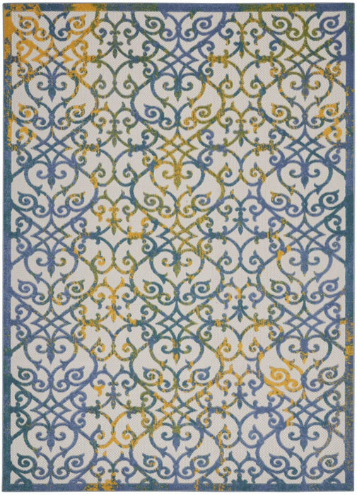 7' X 10' Floral Outdoor / Indoor Area Rug - Ivory / Blue