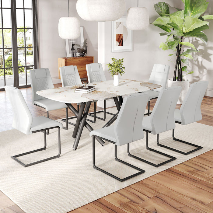 1 Table And 8 Chairs Set, Rectangular Dining Table With Imitation Marble Tabletop And Black Metal Legs, Paired With 8 Chairs With PU Leather Seat Cushion And Black Metal Legs - Glass / Metal