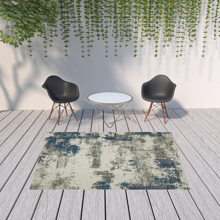 7' X 9' Abstract Stain Resistant Indoor / Outdoor Area Rug - Blue / Beige