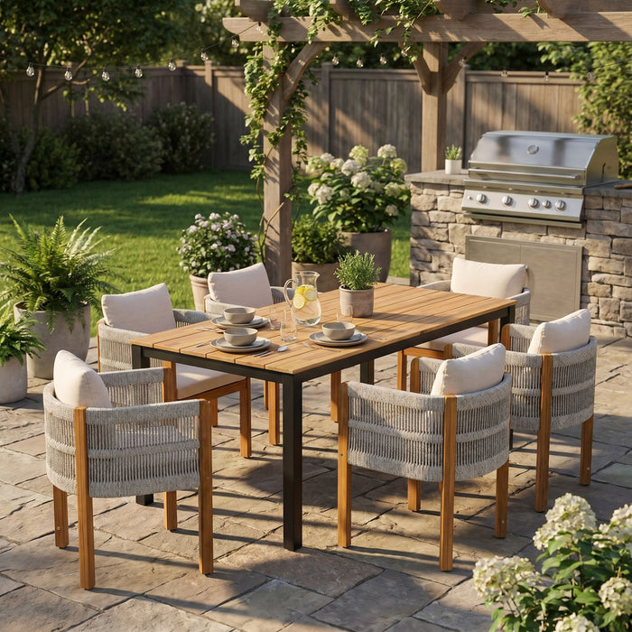 7 Piece Outdoor Dining Set With Table And 6 Chairs - Beige / Teak / White Noble House