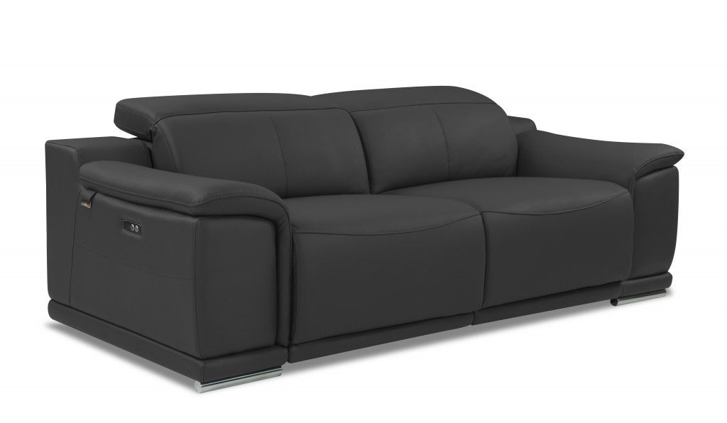 Italian Leather USB Sofa With Silver Legs - Dark Gray