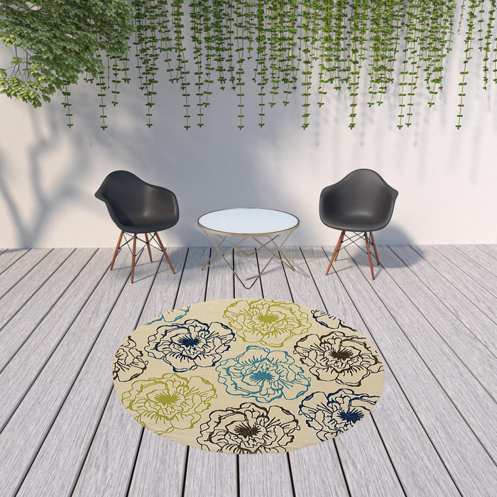 8' X 8' Round Floral Stain Resistant Indoor & Outdoor Area Rug - Green / Ivory