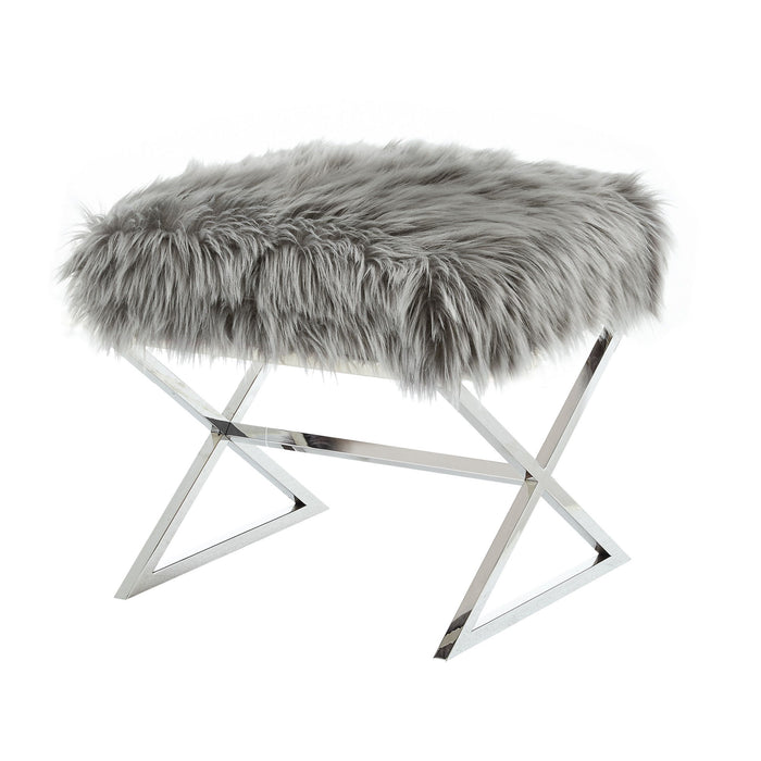 Faux Fur Ottoman - Gray / Silver