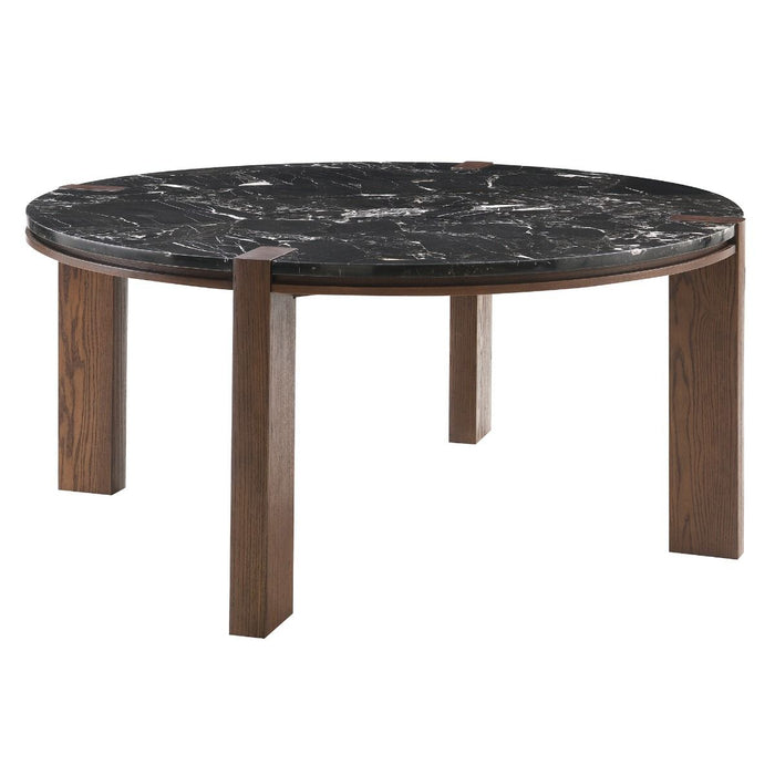 Estella - Round Dining Table With Natural Marble Top - Black Top & Walnut ACME