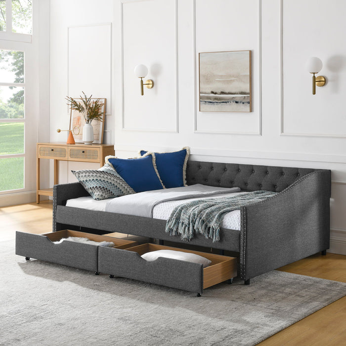 Upholstered Tufted Daybed With 2 Drawers, Waved Arms Home Essentials