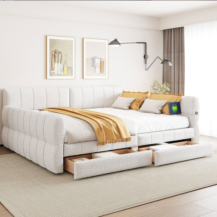 Queen Upholstered Platform Bed With USB Charging And 2 Storage Drawers - White Dreamland