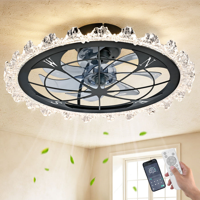 Caged Ceiling Fan With Remote Controlled Dimmable LED Lights, Flush Mount Fan, Low Profile Design - Matte Black Daily Nest