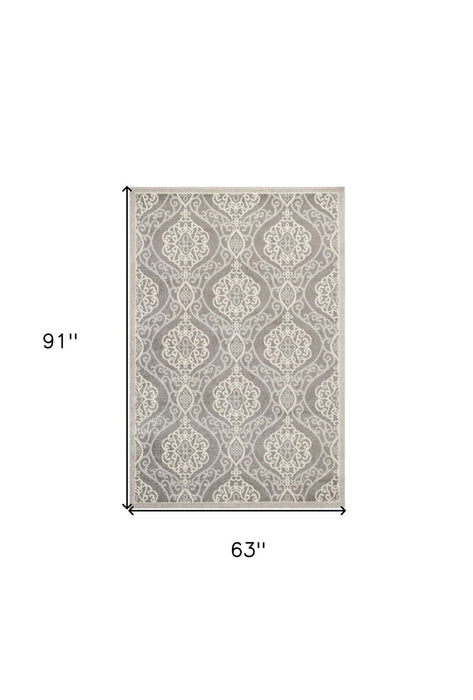 5' X 8' Machine Woven UV Treated Floral Ogee Indoor / Outdoor Area Rug - Silver