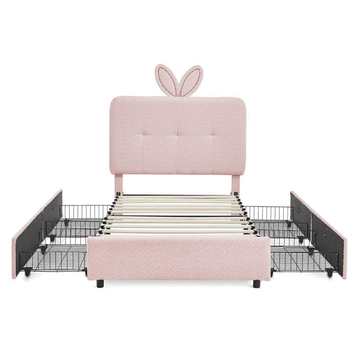 Upholstered Bed With Oversized Rabbit Ear Headboard, LED Lights & 4 Storage Drawers Home Essentials