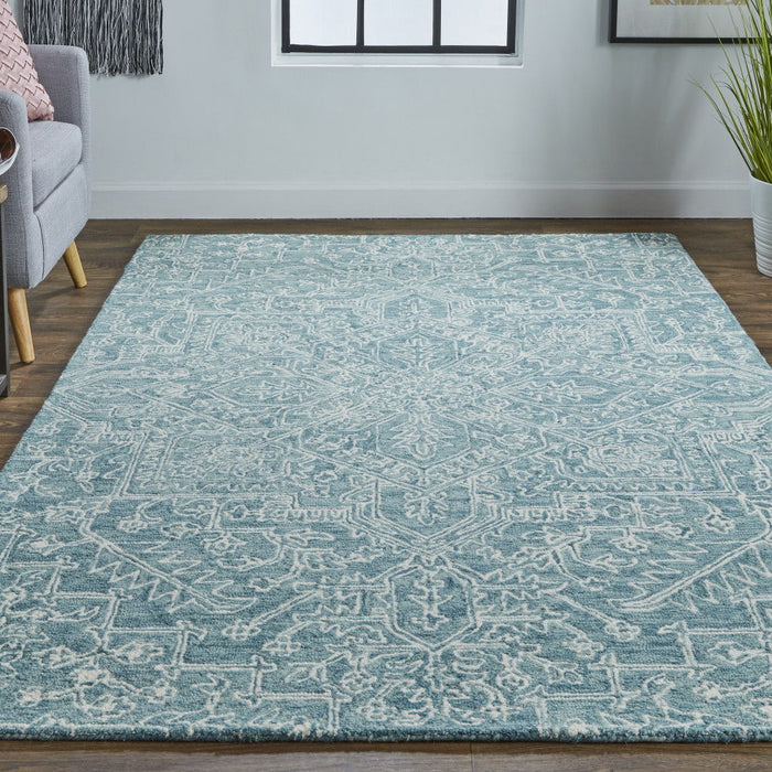 Floral Tufted Handmade Stain Resistant Area Rug - Blue Ivory And Green Wool - 9' X 12'