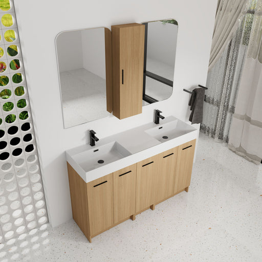 Double Sink Bathroom Vanity Set With Tall Linen Cabinet, Extra Large Storage, Integrated Sink, Freestanding Cabinet - Light Oak / White Home Essentials